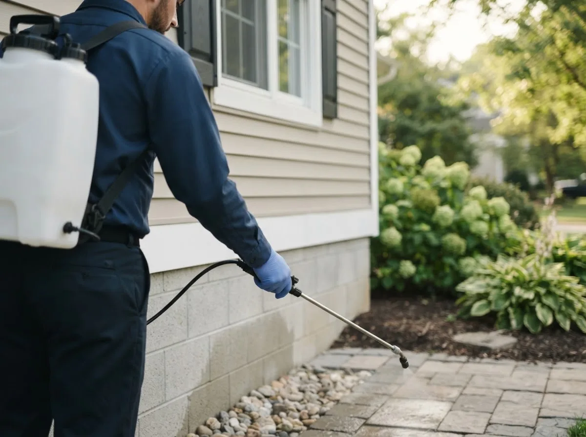 Pest control technician inspecting a home in Prescott, MI